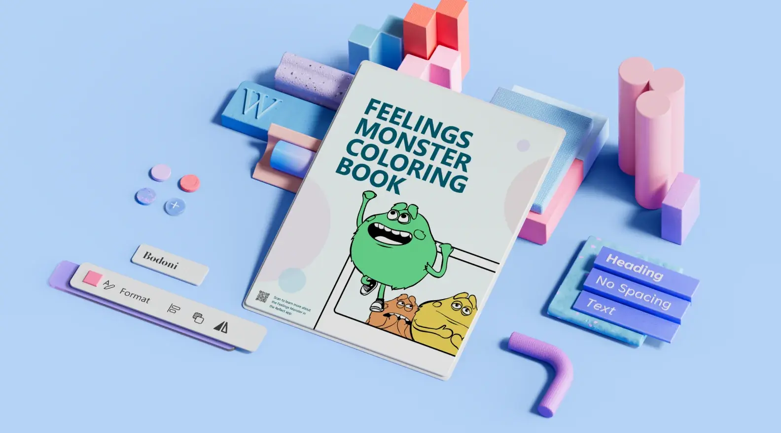 Kid's coloring book template surrounded by 3D design elements