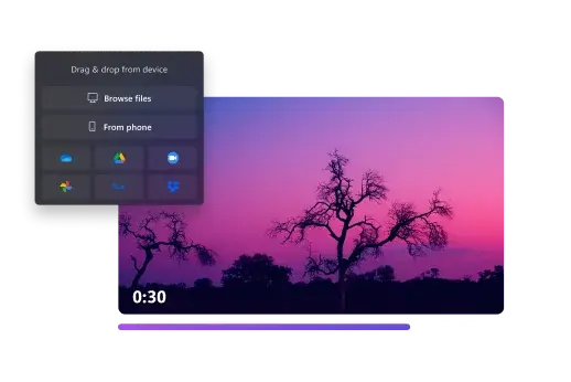 The add video panel in Clipchamp with an example landscape sunset video