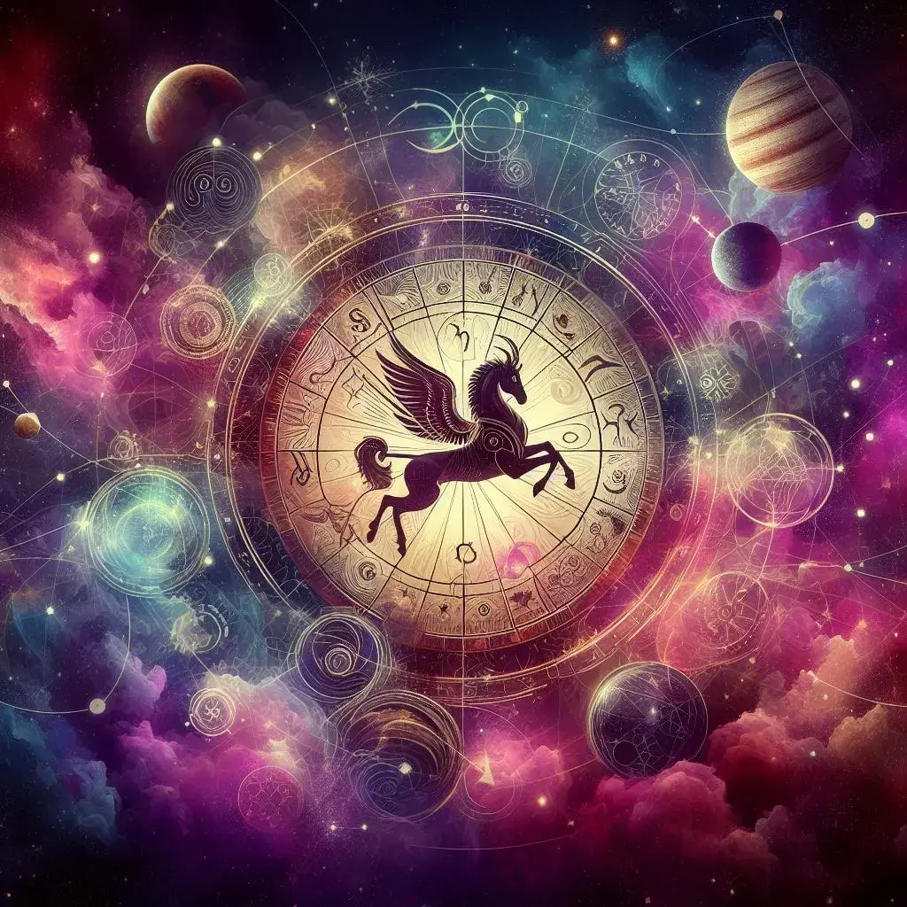 A winged horse centered in a circle with zodiac signs, surrounded by a starry purple sky