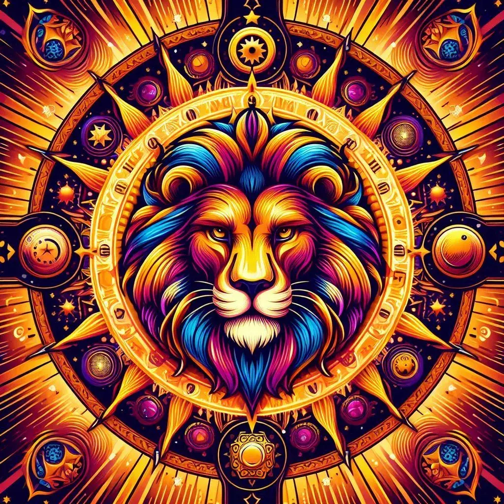 The results of the prompt: "A vibrant Leo wallpaper with a stylized lion surrounded by sunbursts and royal symbols."