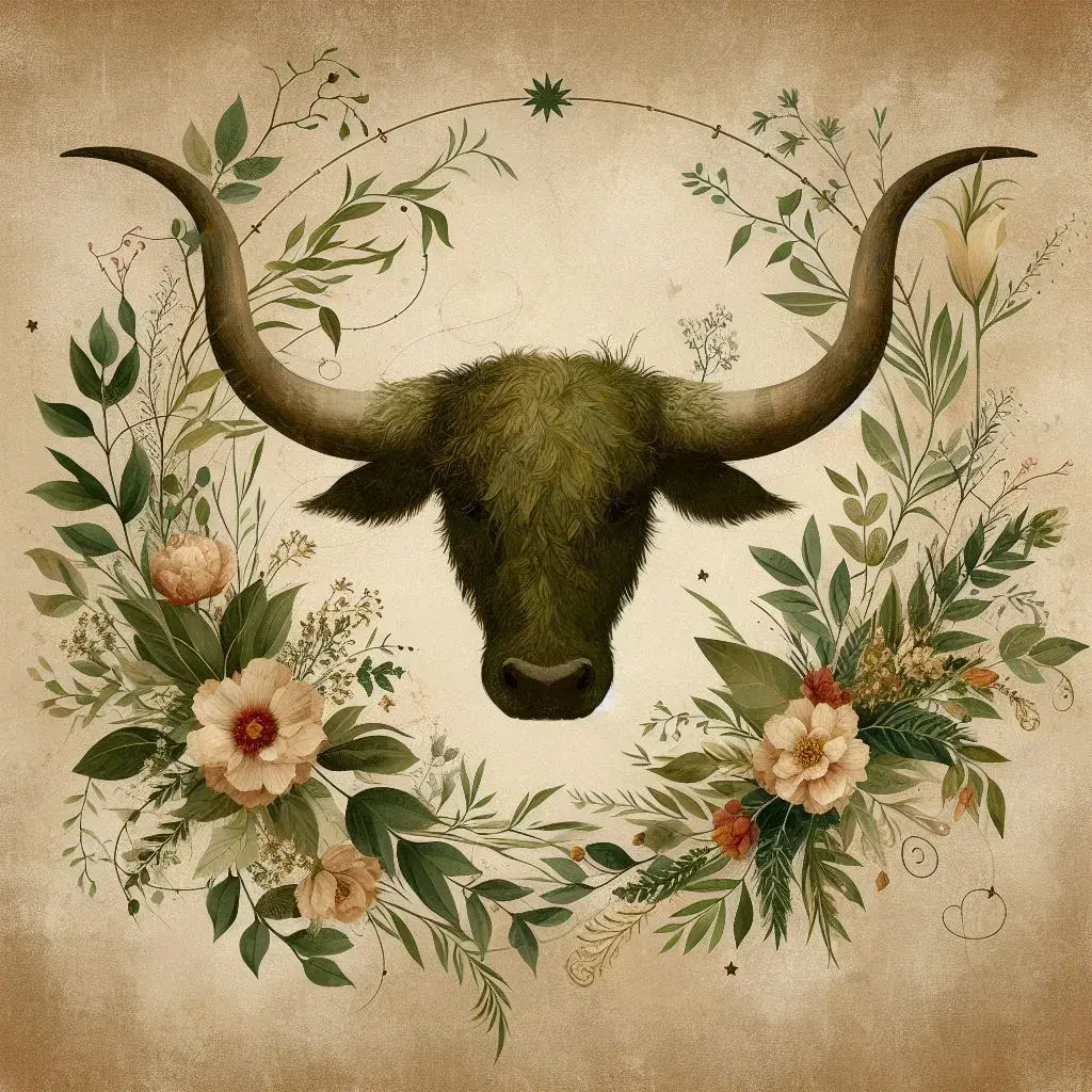 The results of the prompt: "An earthy Taurus background with lush greenery, flowers, and subtle bull horns integrated into the design."