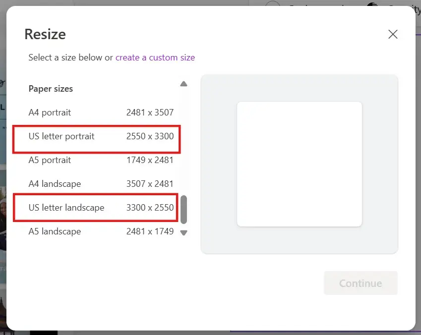 A screenshot of image size options with "US letter portrait" and "US letter canvas" highlighted