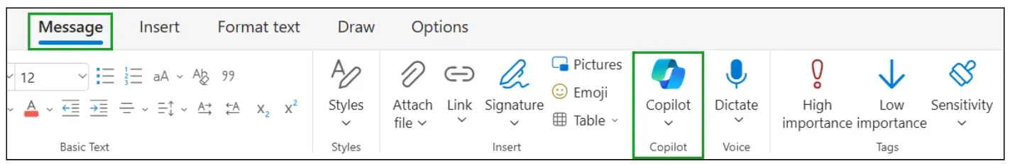 A screenshot of the Message tab with the Copilot feature highlighted