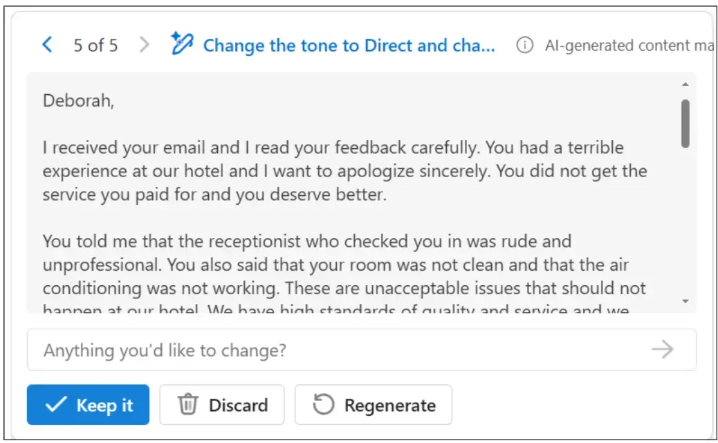 A screenshot of Copilot's new output after adjusting the tone