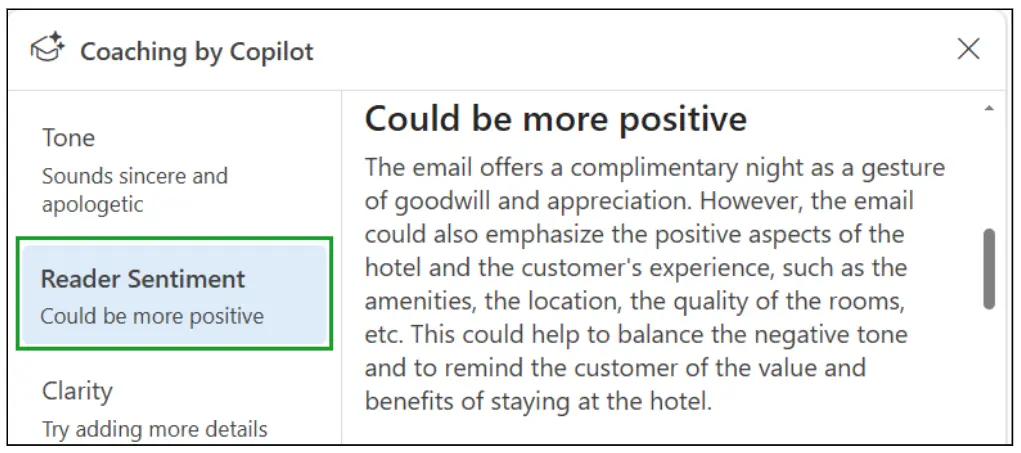 A screenshot of Copilot's assessment of reader sentiment