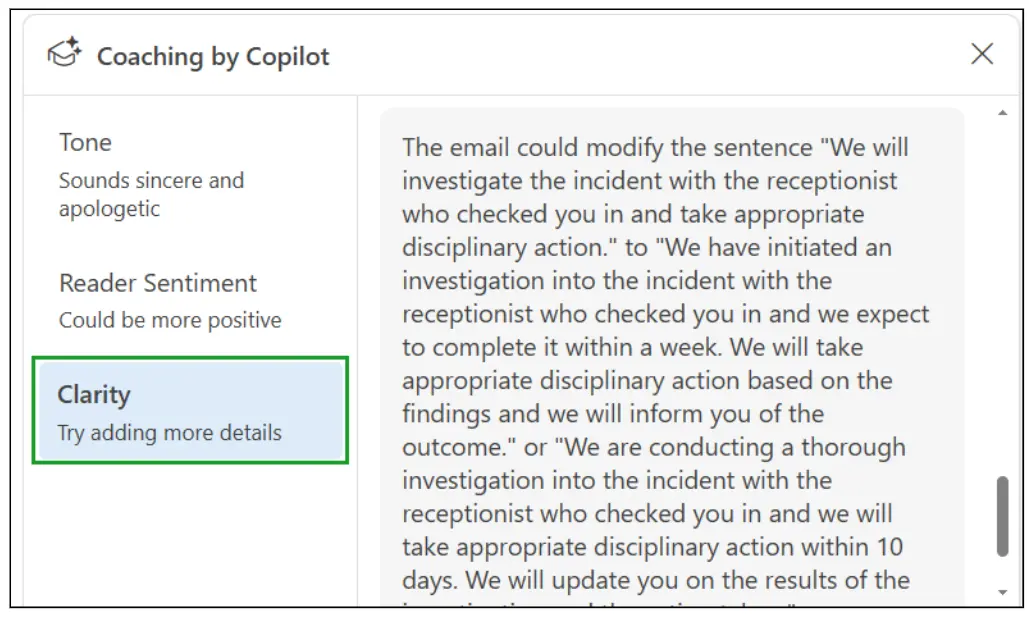 A screenshot of Copilot's suggestion for improving clarity