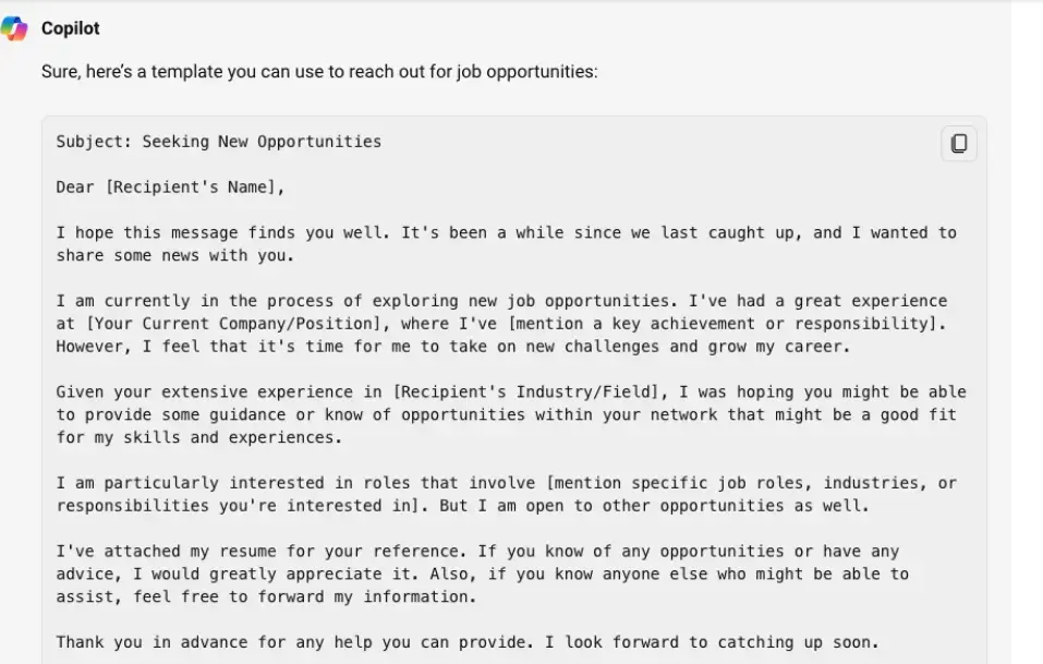 Copilot's suggested outreach email 
