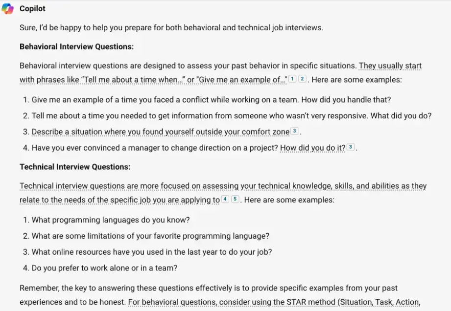 The results of the prompt "Help me prepare for behavioral interview questions" 