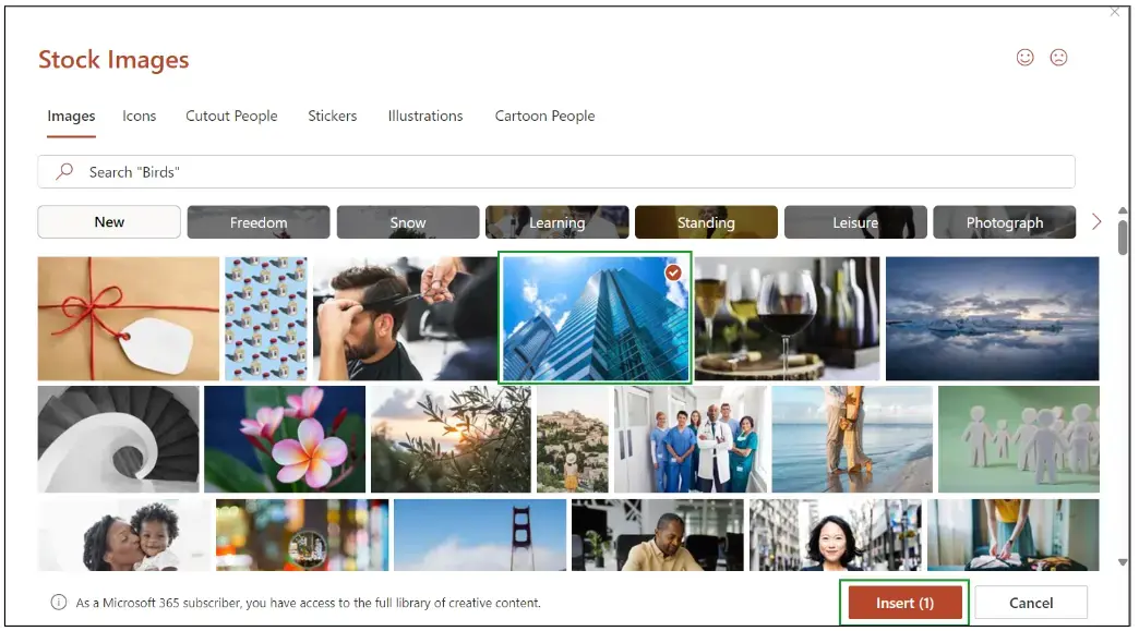 A screenshot of PowerPoint's built-in stock photos