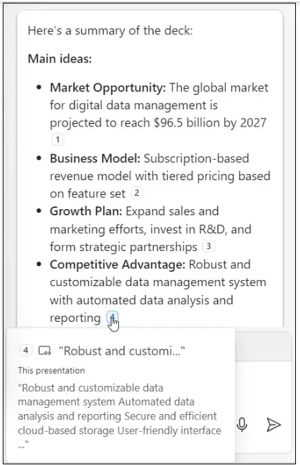 A screenshot of Copilot's summary of the slide deck