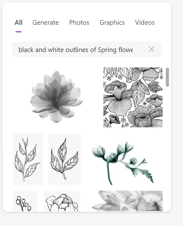 The prompt "Black and white outlines of spring flowers for a coloring book" above several artwork options from Designer 