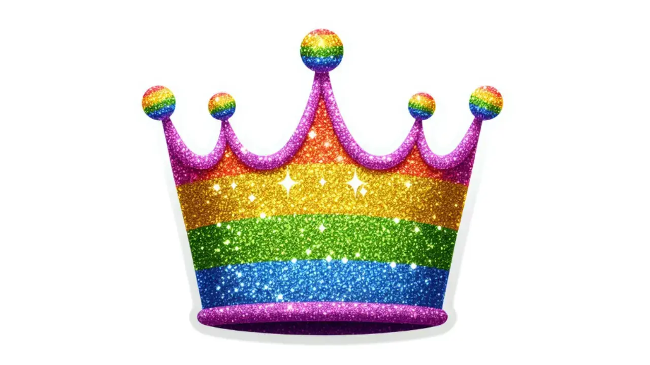 A sticker of a rainbow glitter crown