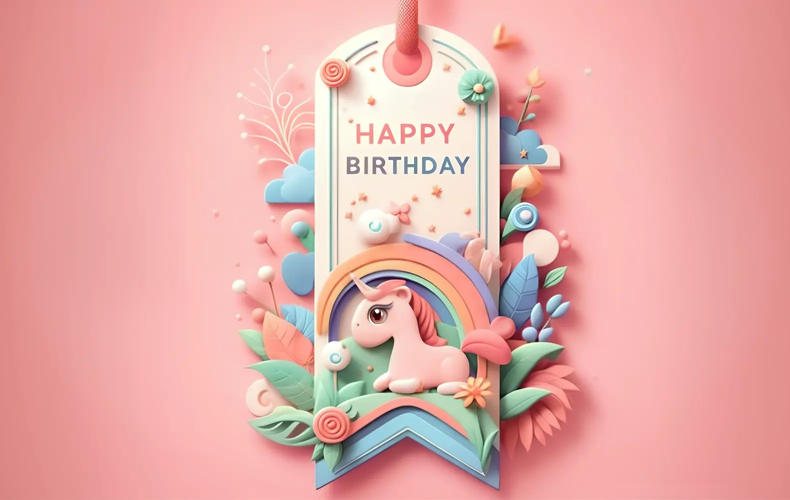 A stylized 3D "Happy birthday" bookmark with a unicorn