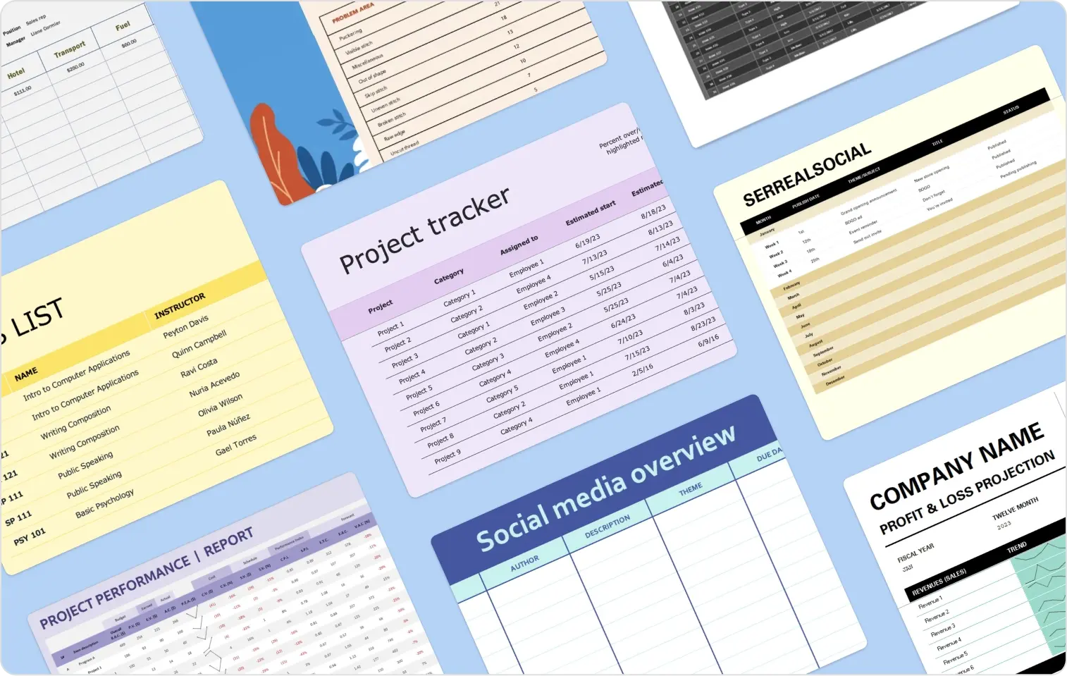 A collage of the social media and reporting templates available through Microsoft Create 