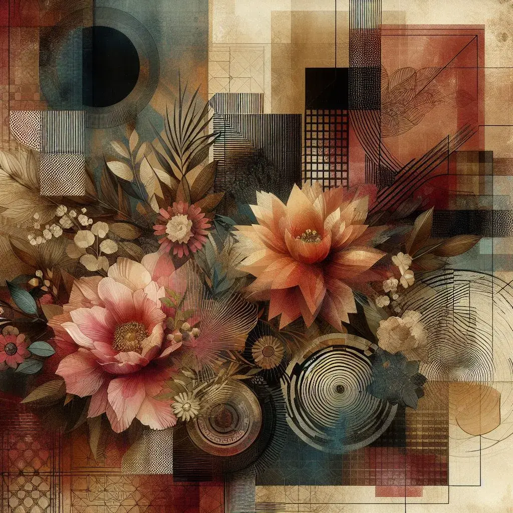 An abstract, earthy, collage-style picture of flowers