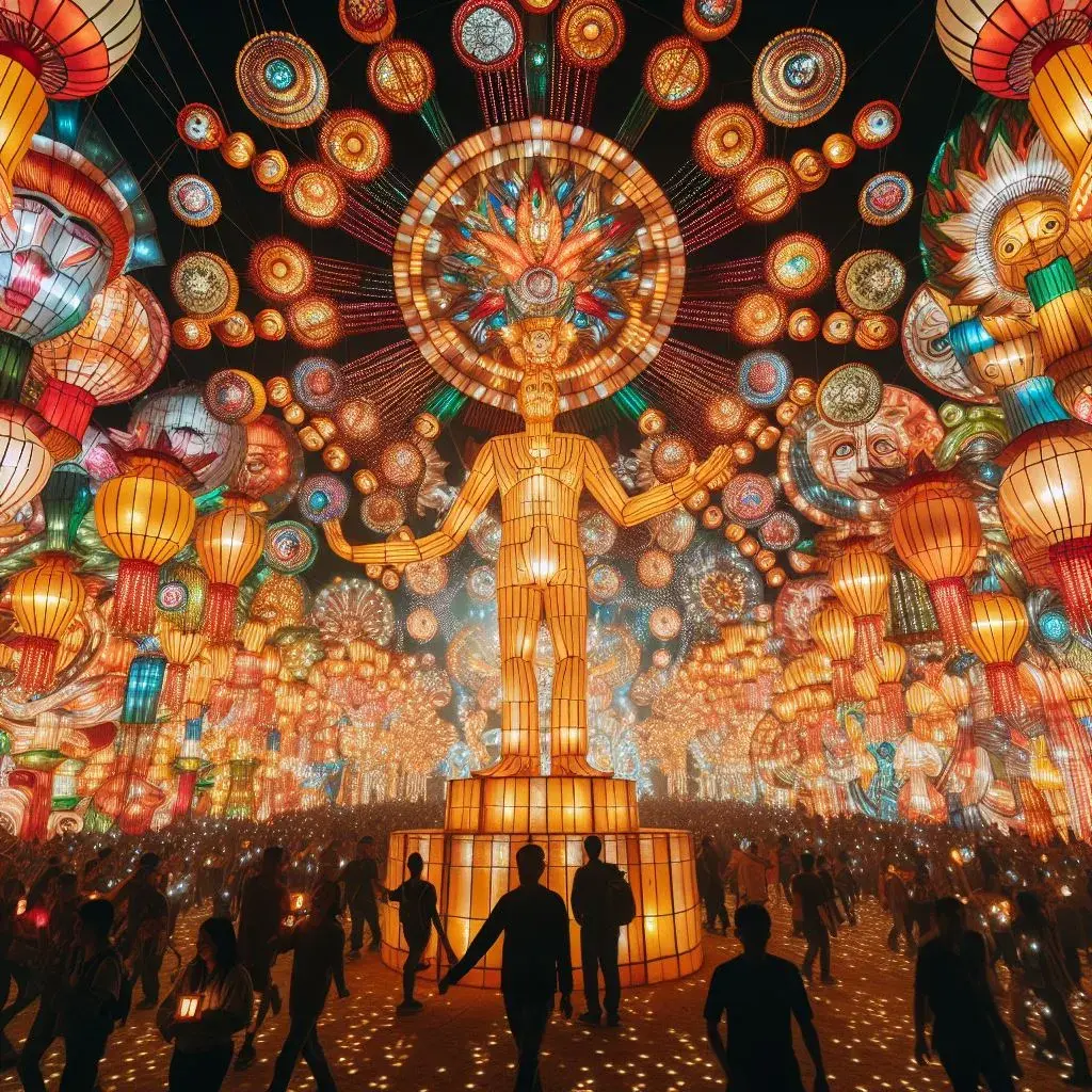 An illustrated festival with lanterns crowding the air and people celebrating on the ground in front of a large statue 