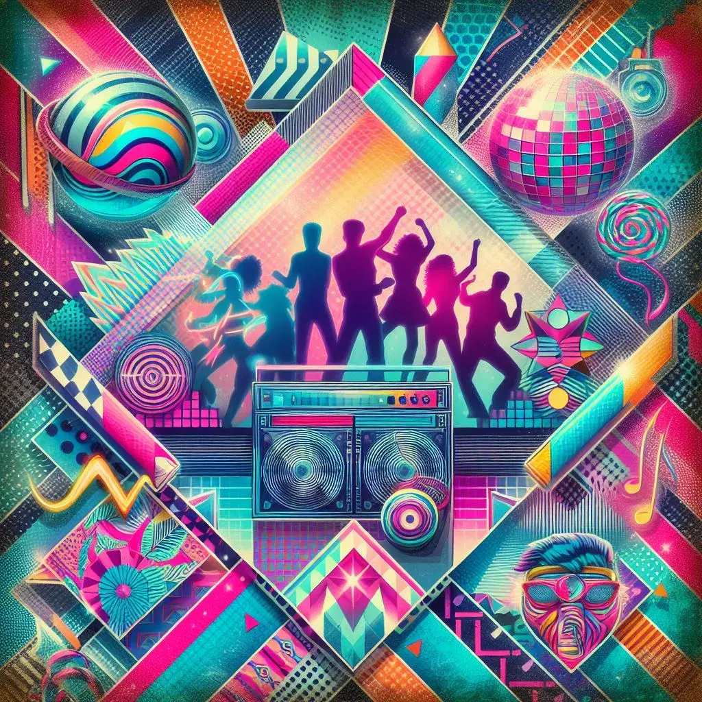 A vibrant maximalist 80's dance scene