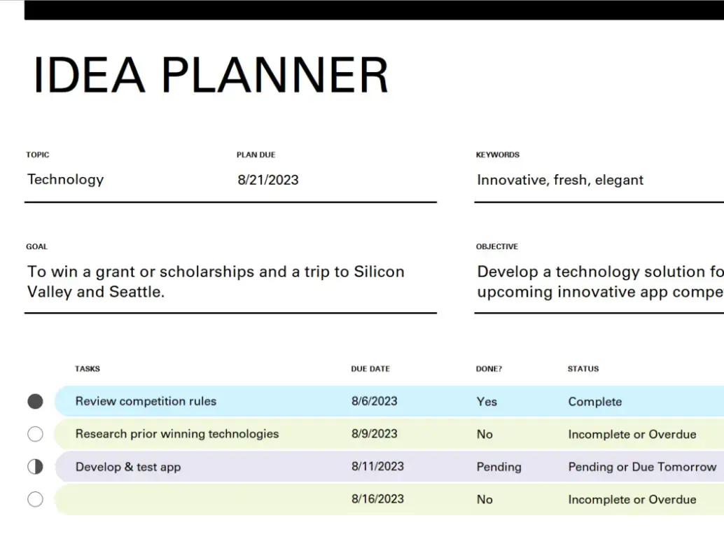 Idea planner template for Excel