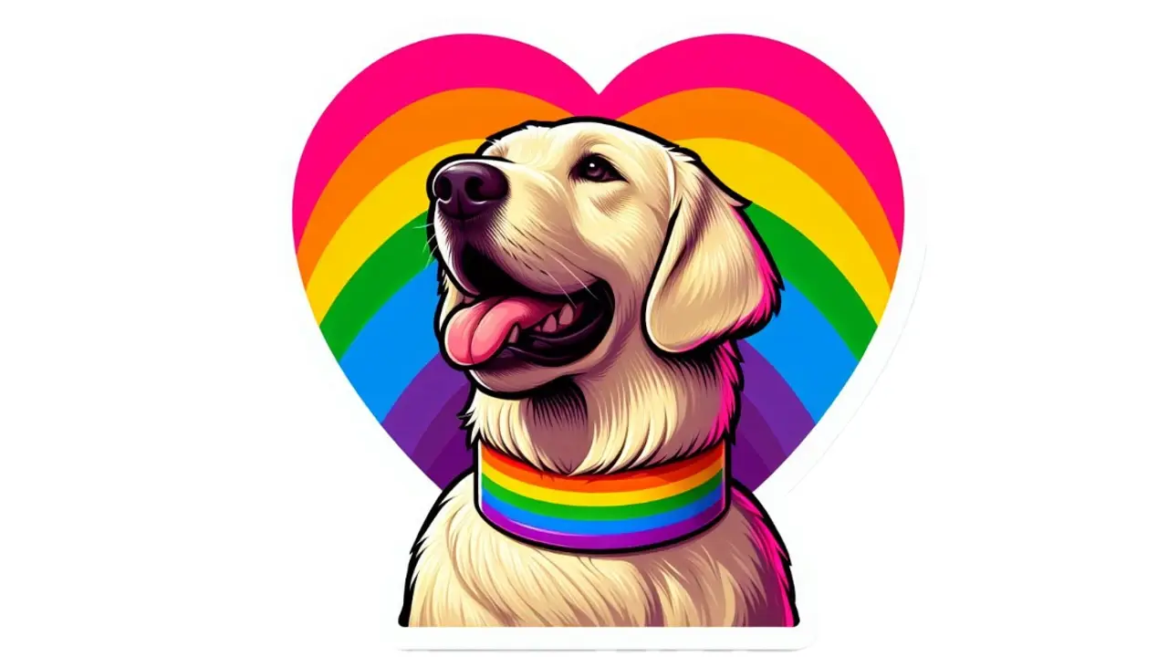 A sticker of a golden retriever with a rainbow collar in front of a rainbow heart