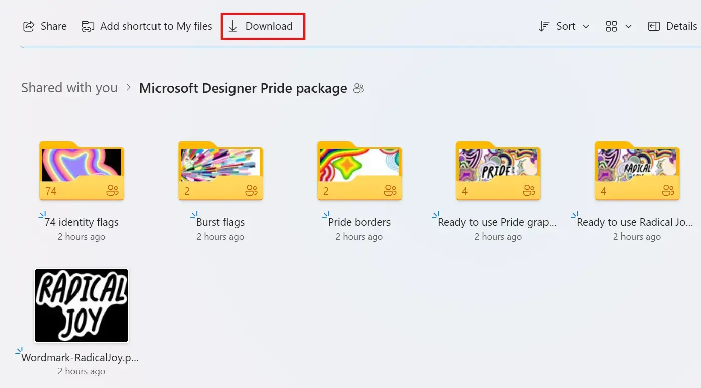 A picture of the Pride design folder with the Download button highlighted