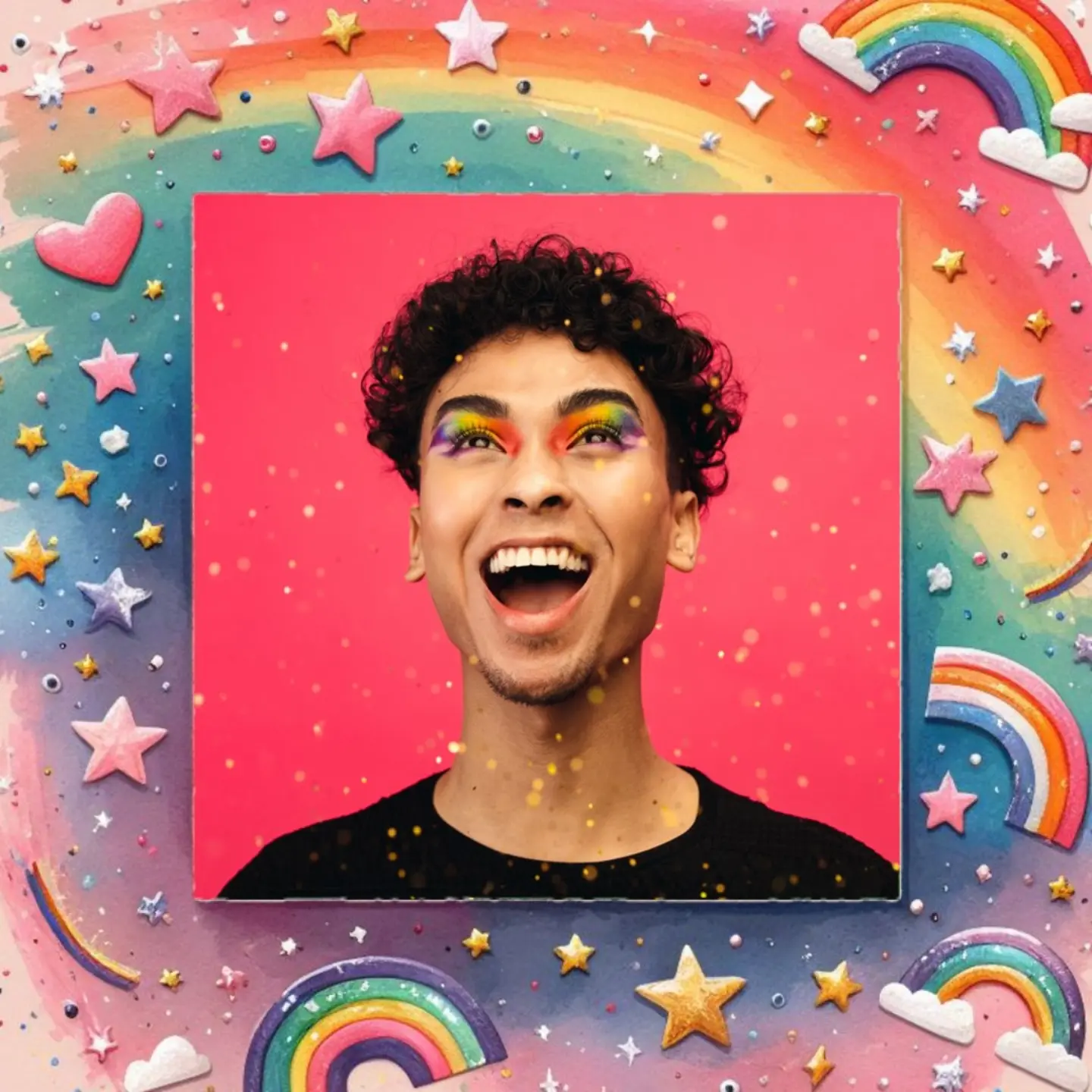 Framed image of a happy person with rainbow eyeshadow; frame is very colorful and celebratory