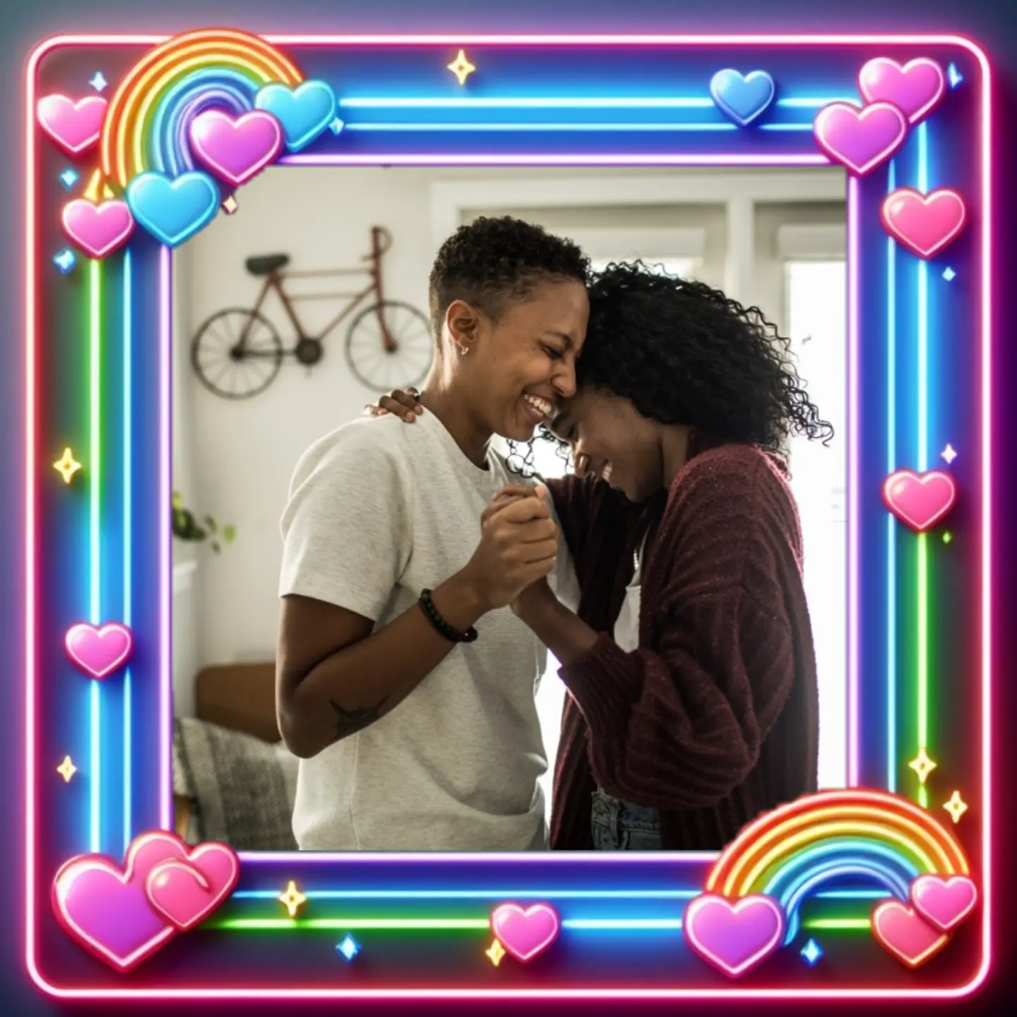 A framed photo of two women dancing; frame features neon hearts and rainbows