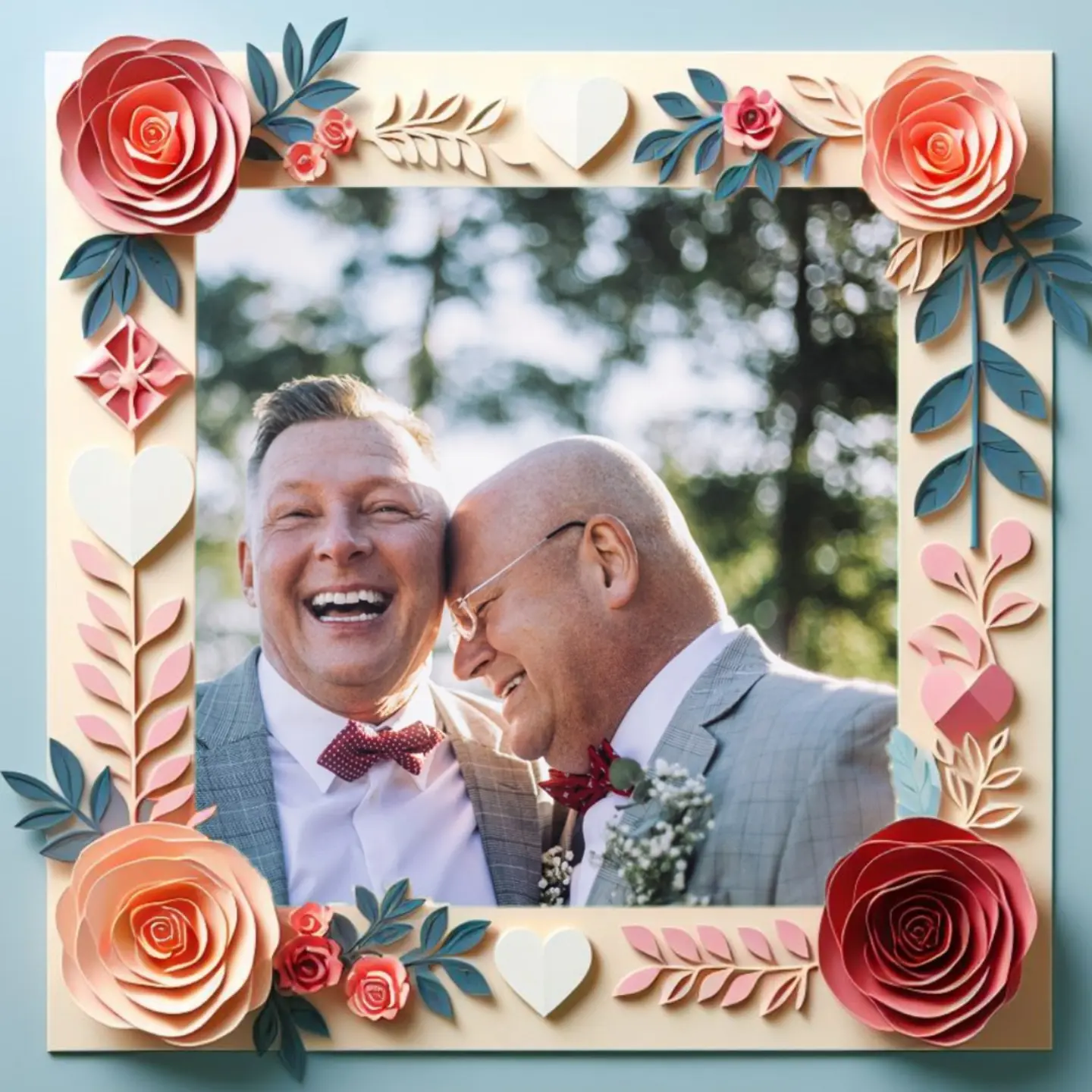 Framed image of two men smiling at their wedding; frame features beautiful paper roses