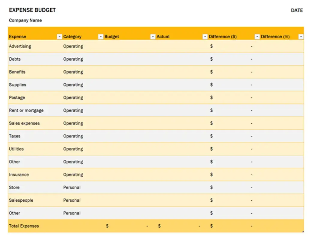 A yellow-themed budget template from Microsoft Excel. 