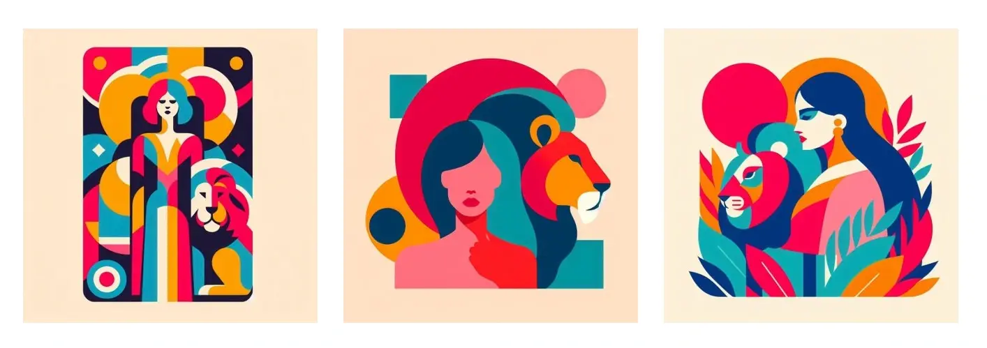 The image results for the prompt "A flat, graphic color block illustration of a woman with lion in magenta, cyan, red and yellow colors with a simple composition. The background is a pale peach color. Vertical size tarot cards."