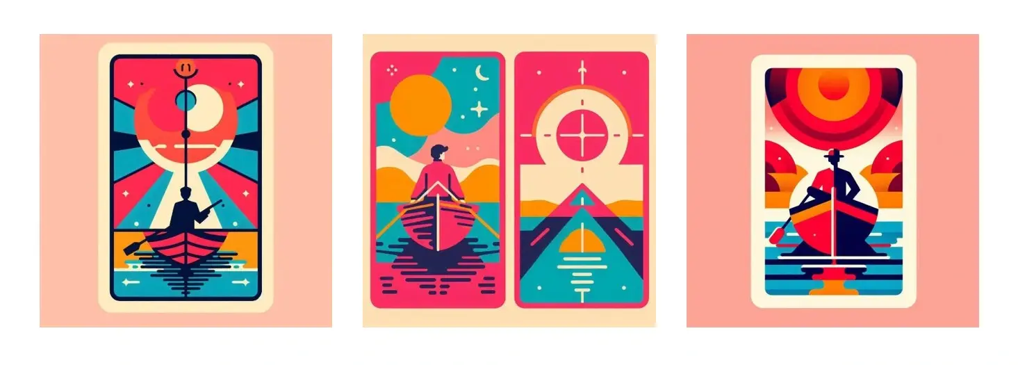 The image results for the prompt "A flat, graphic color block illustration of a man on boat in magenta, cyan, red and yellow colors with a simple composition. The background is a pale peach color. Vertical size tarot cards."