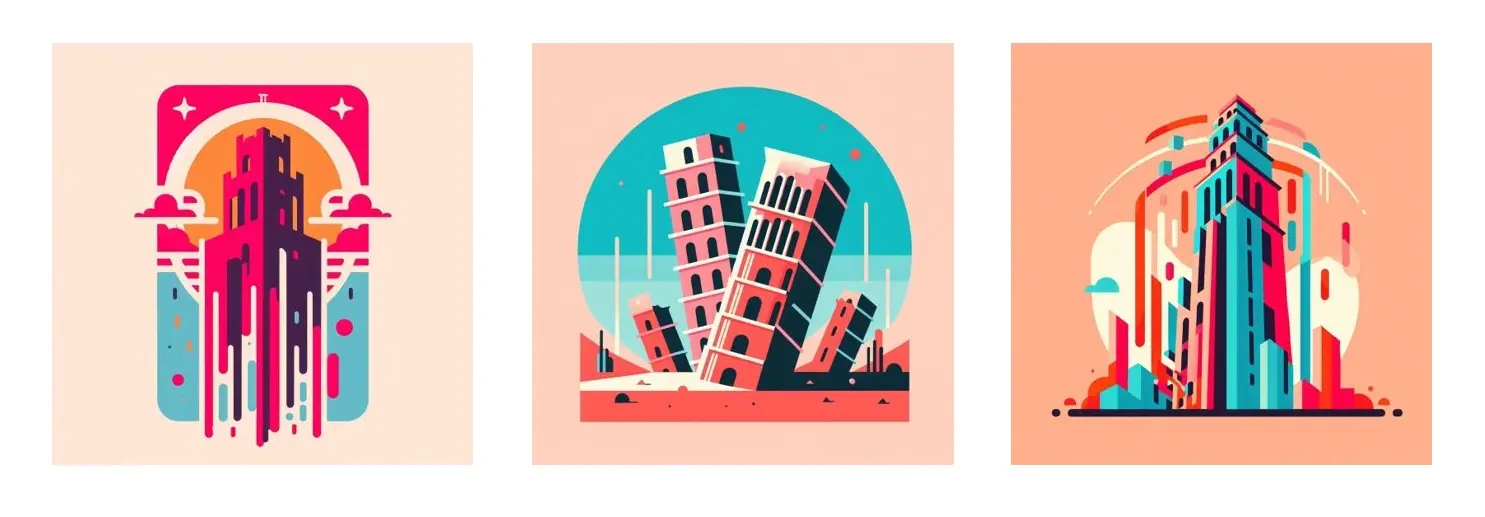 The image results for the prompt "A flat, graphic color block illustration of a tower falling down in magenta, cyan, red and yellow colors with a simple composition. The background is a pale peach color. Vertical size tarot cards."