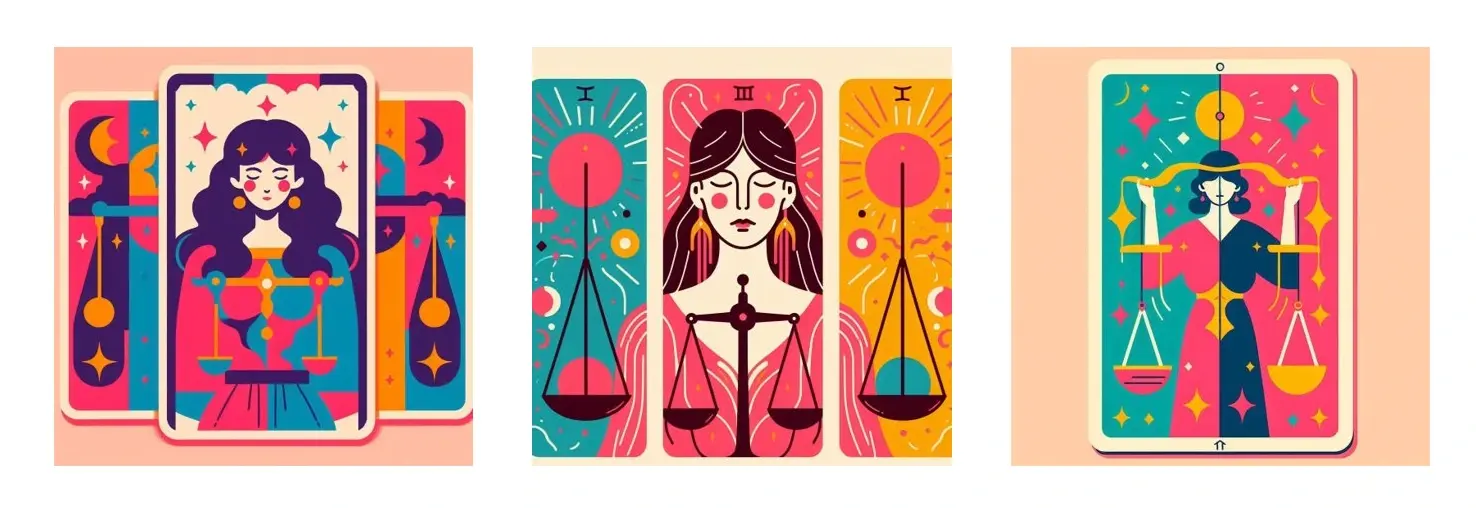 The image results for the prompt " A flat, graphic color block illustration of a woman with old scales, cyan, red and yellow colors with a simple composition. The background is a pale peach color. Vertical size tarot cards."