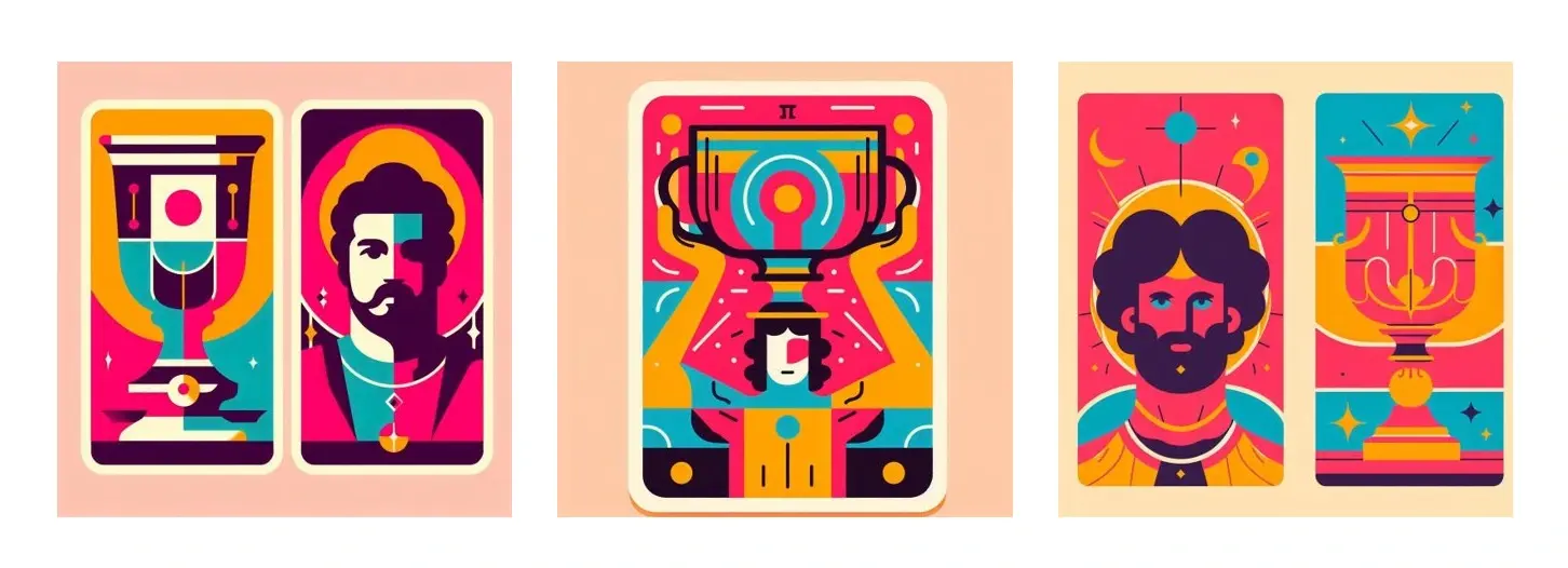 The image results for the prompt "A flat, graphic color block illustration of a man holding a chalice in magenta, cyan, red and yellow colors with a simple composition. The background is a pale peach color. Vertical size tarot cards."