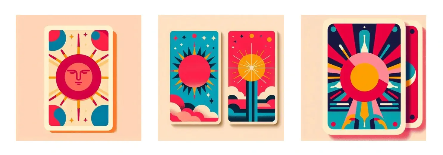 The image results for the prompt "A flat, graphic color block illustration of a giant sun in magenta, cyan, red and yellow colors with a simple composition. The background is a pale peach color. Vertical size tarot cards."