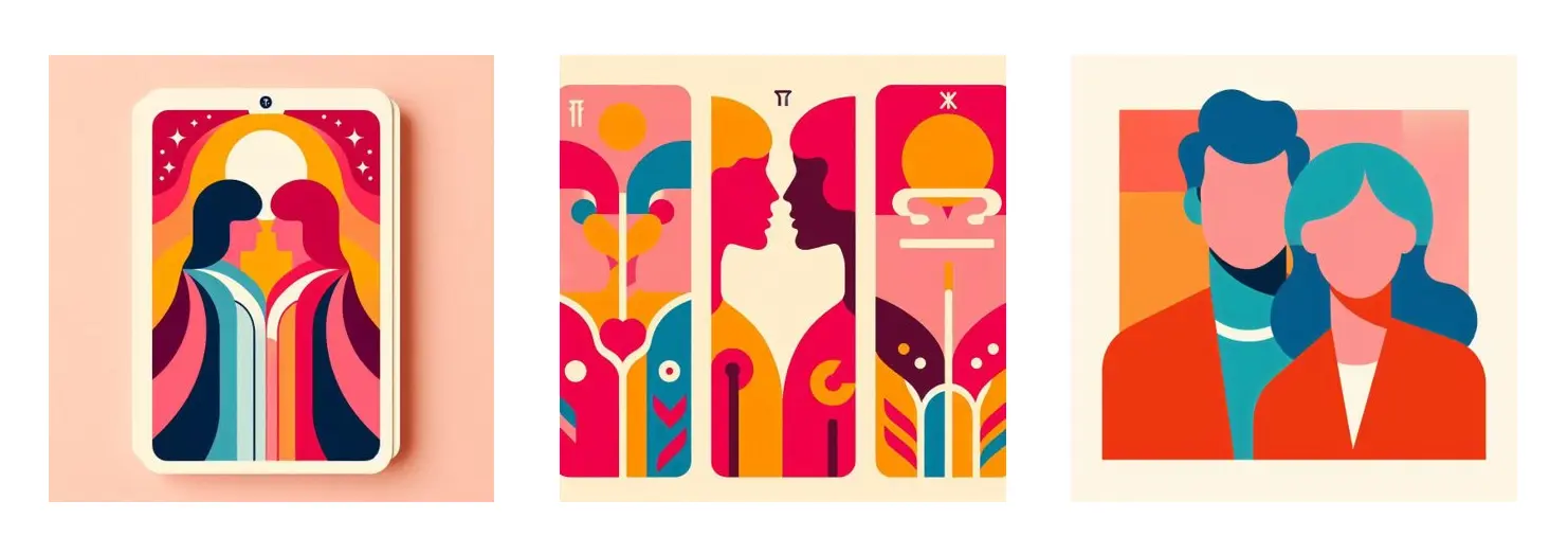 The image results for the prompt "A flat, graphic color block illustration of a couple of lovers, cyan, red and yellow colors with a simple composition. The background is a pale peach color. Vertical size tarot cards. "