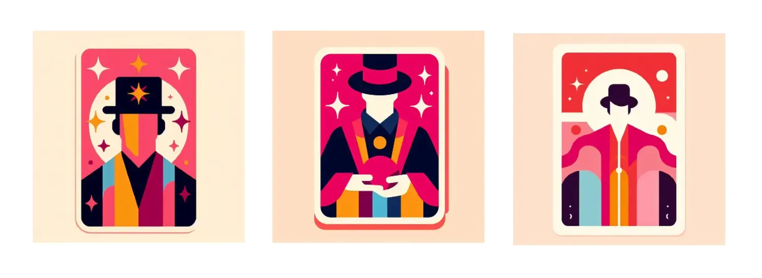 The image results for the prompt "A flat, graphic color block illustration of a magician in magenta, cyan, red and yellow colors with a simple composition. The background is a pale peach color. Vertical size tarot cards."