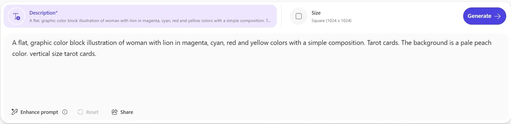 A prompt box with the prompt: "A flat, graphic color block illustration of woman with lion in magenta, cyan, red and yellow colors with a simple composition. Tarot cards. The background is a pale peach color. vertical size tarot cards."