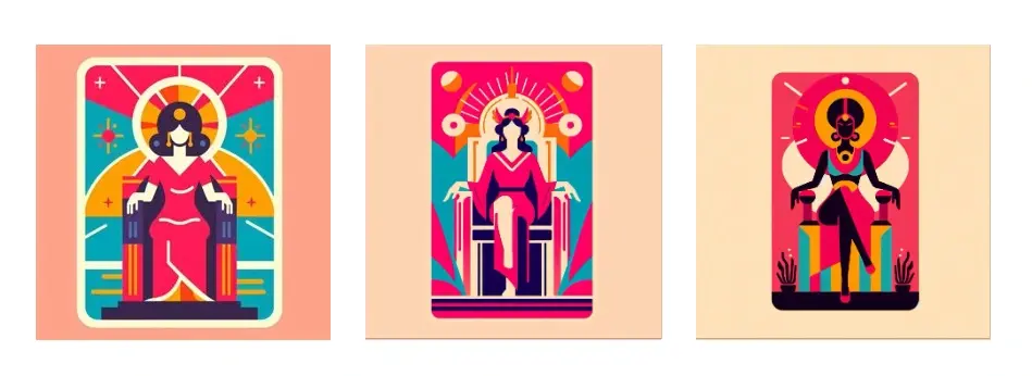 The image results for the prompt "A flat, graphic color block illustration of a woman goddess sitting on a throne, cyan, red and yellow colors with a simple composition. The background is a pale peach color. Vertical size tarot cards."