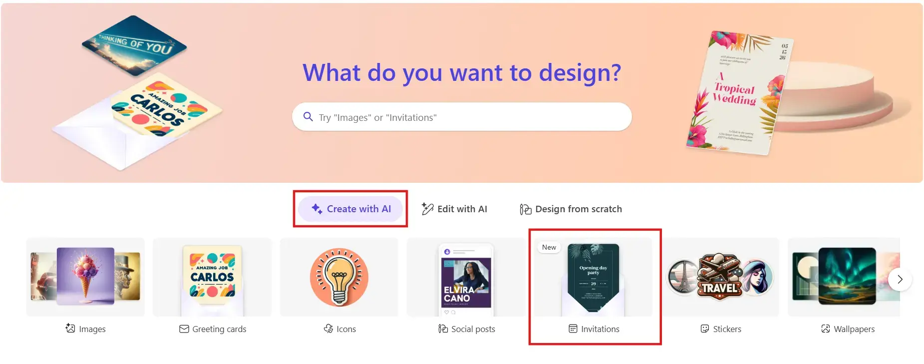 Designer's home screen with "Create with AI" and "Invitations" highlighted