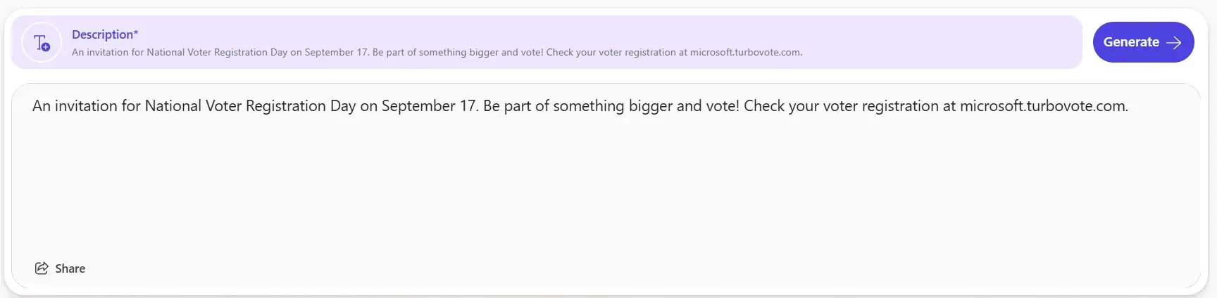 The prompt "An invitation for National Voter Registration Day on September 17. Be part of something bigger and vote! Check your voter registration at microsoft.turbovote.com."