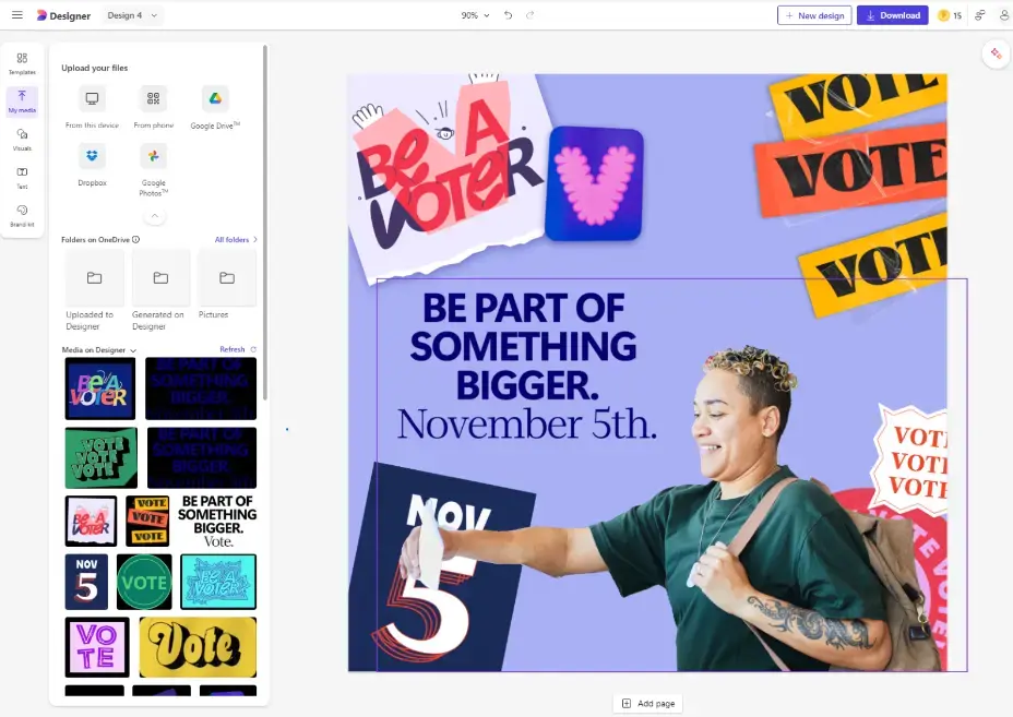 A screenshot of Designer with a voting-themed design in progress