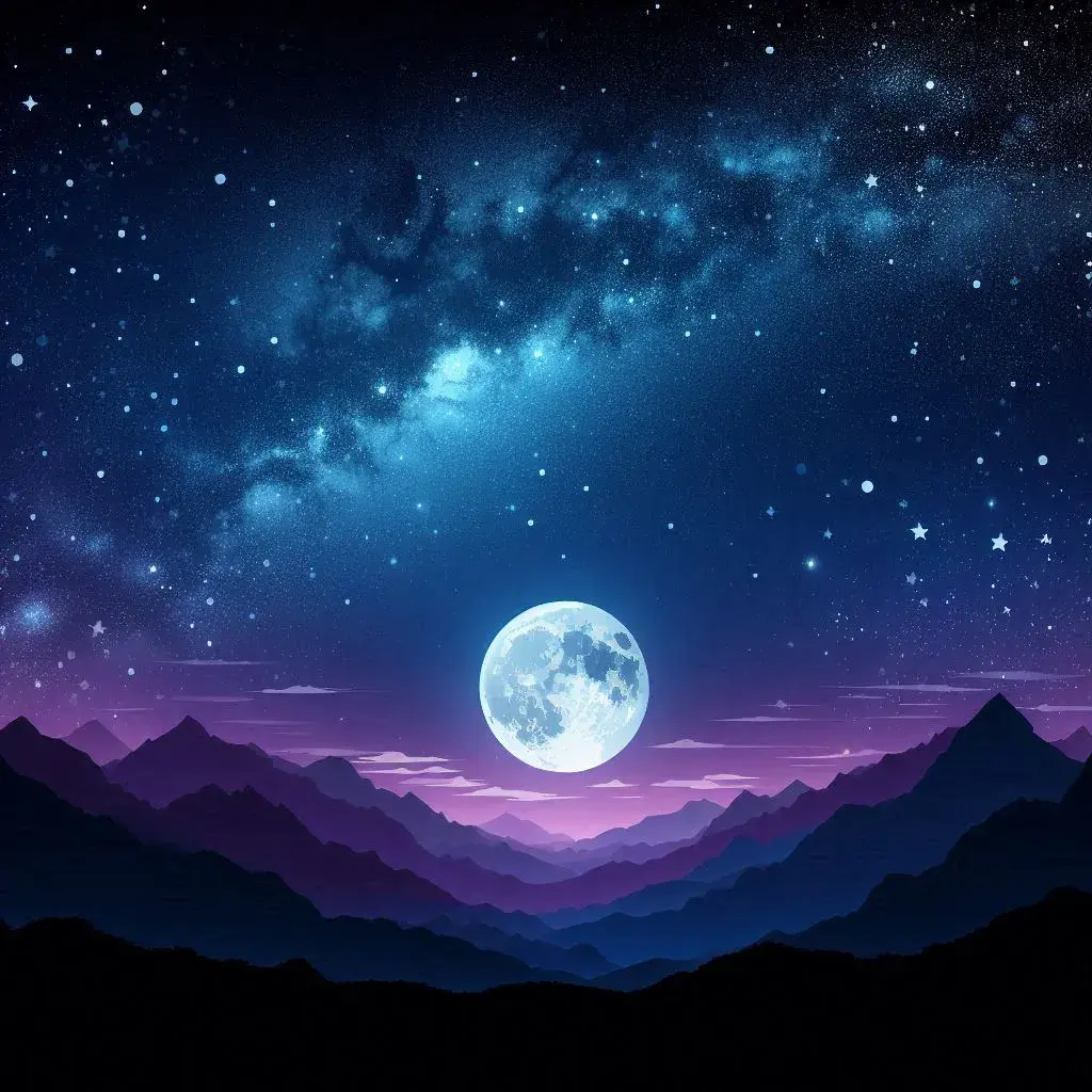 The results of the prompt: "A starry night sky over a silhouetted mountain range. Include a large, detailed moon and the Milky Way stretching across the sky. Use deep blues and purples with twinkling white stars."