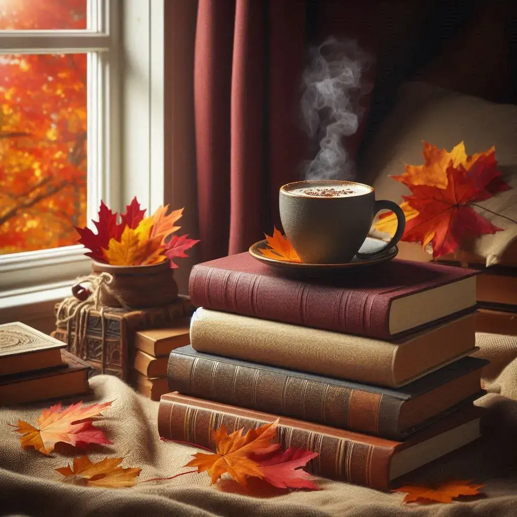 The results of the prompt: "A stack of books next to a window showing fall leaves outside. Include a steaming cup of coffee. Use warm, cozy colors like burgundy, orange, and brown."