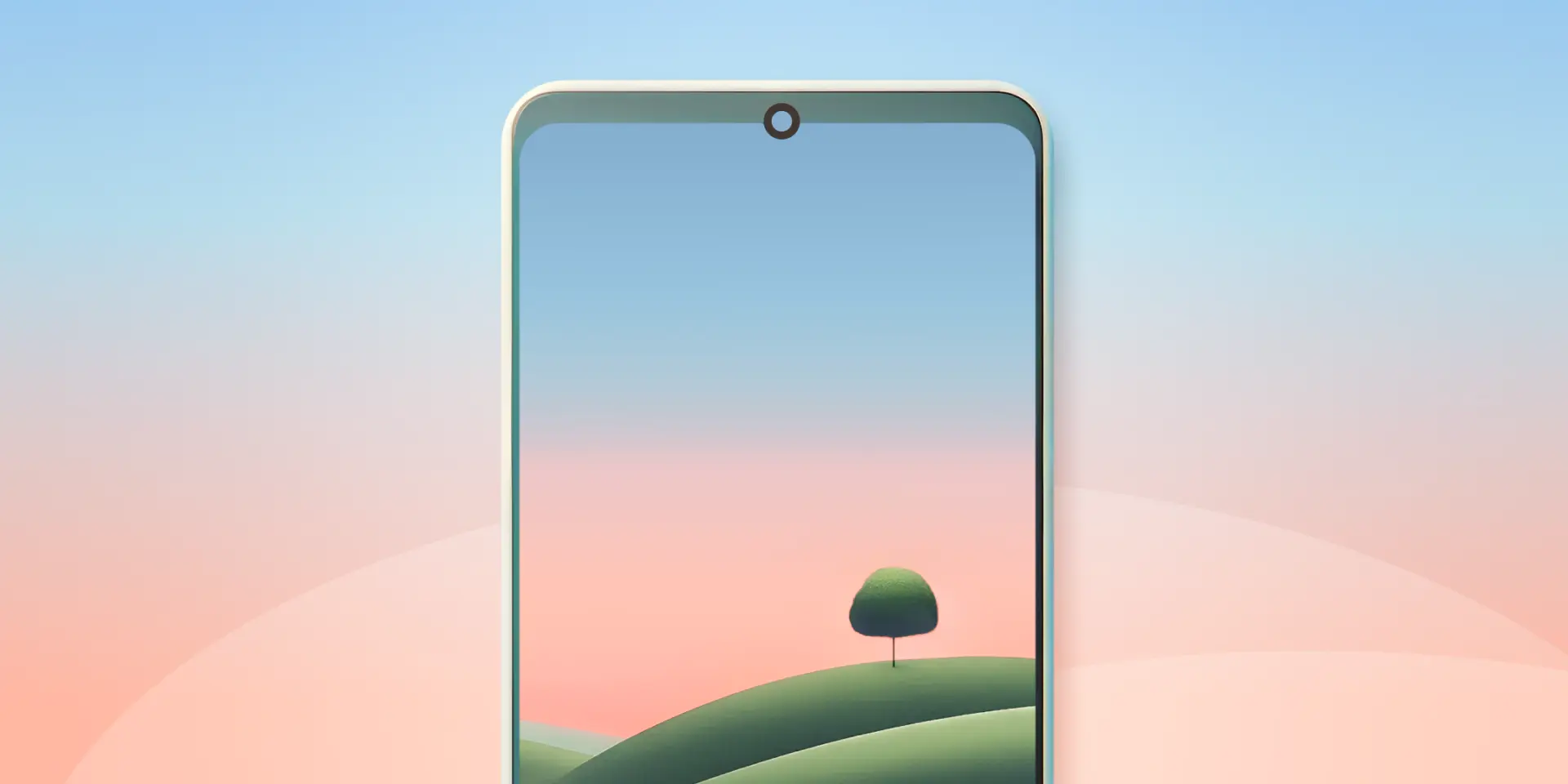 A phone screen with generated wallpaper of a tree at sunset 