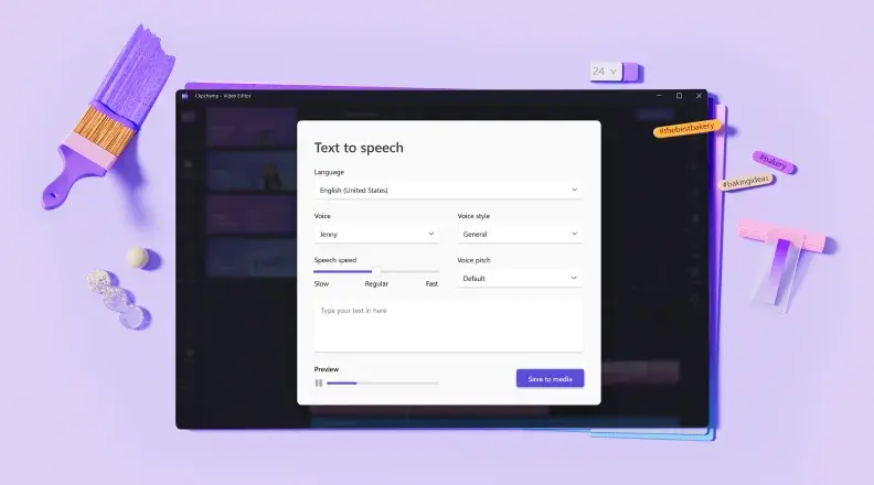 The text to speech panel in Clipchamp, surrounded by illustrated design elements