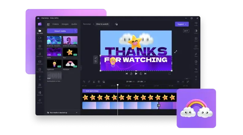 Clipchamp's video editing tools with a cute video of stars, clouds, and rainbows with adorable cartoon faces