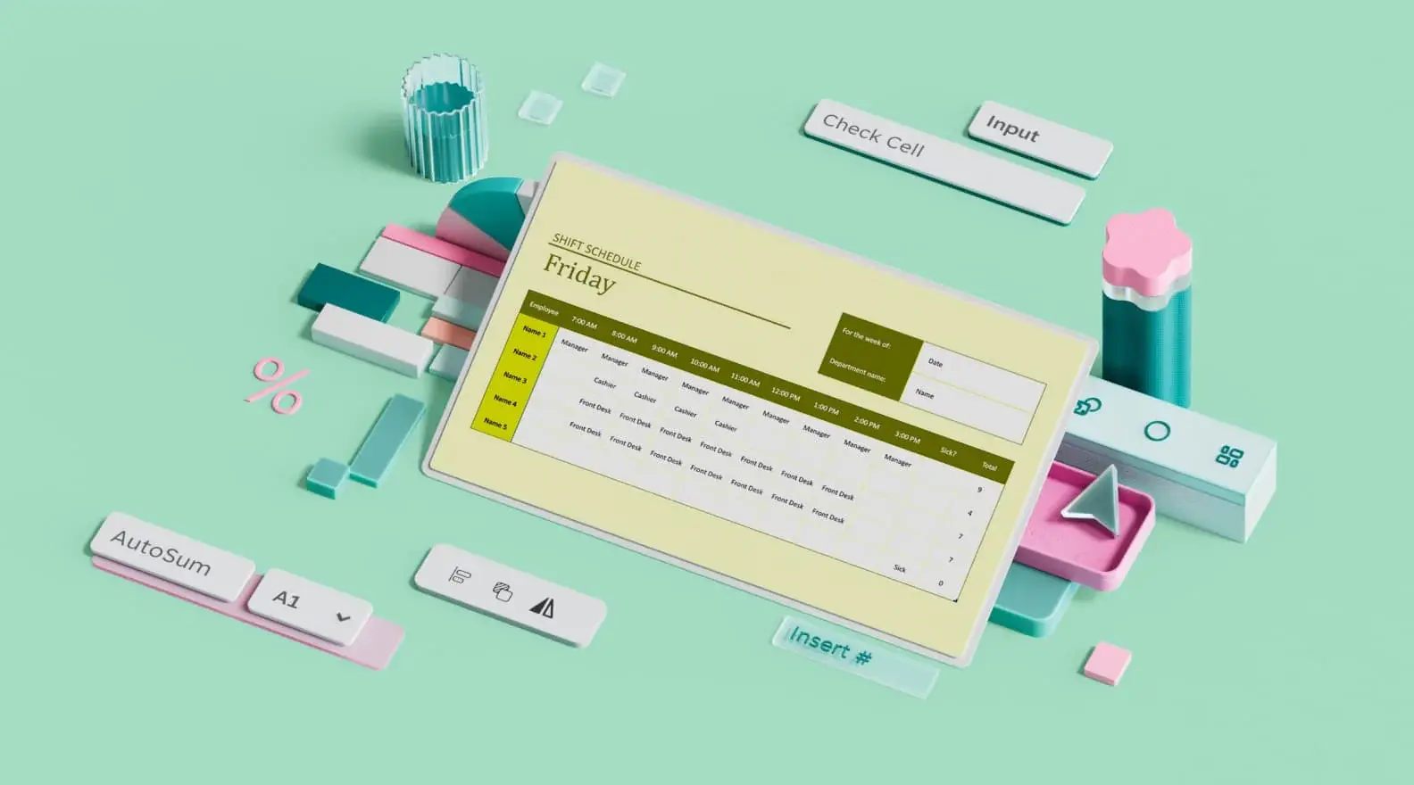 Shift schedule Excel template surrounded by 3D design elements