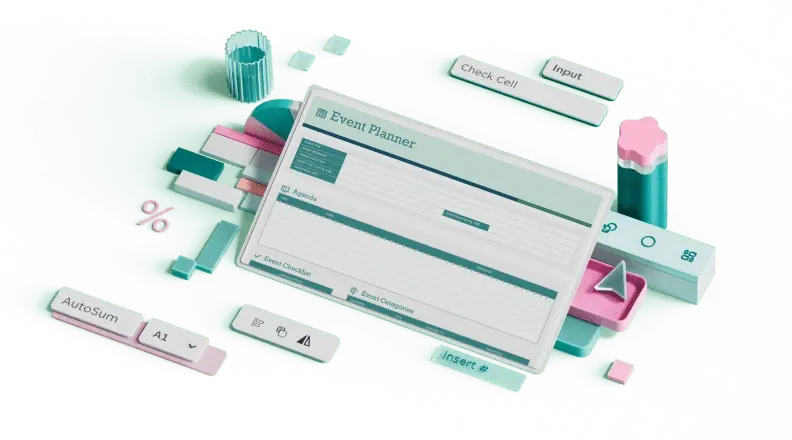 Excel-Vorlage für die Veranstaltungsplanung, die von illustrierten 3D-Designelementen umgeben ist