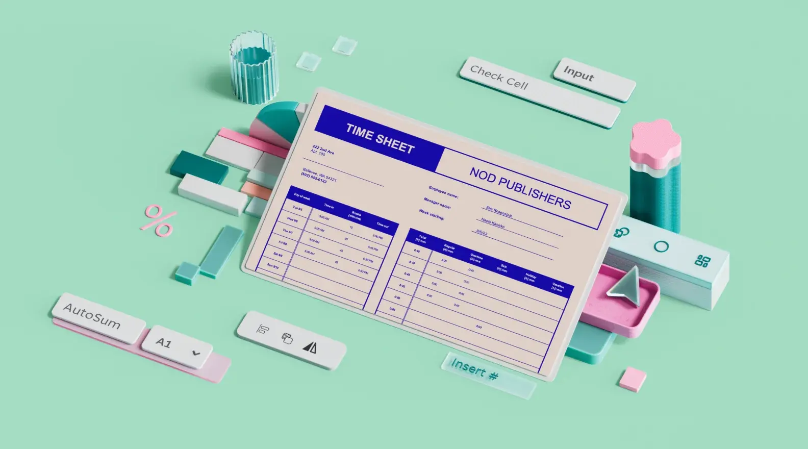 Timesheet Excel template surrounded by 3D design elements