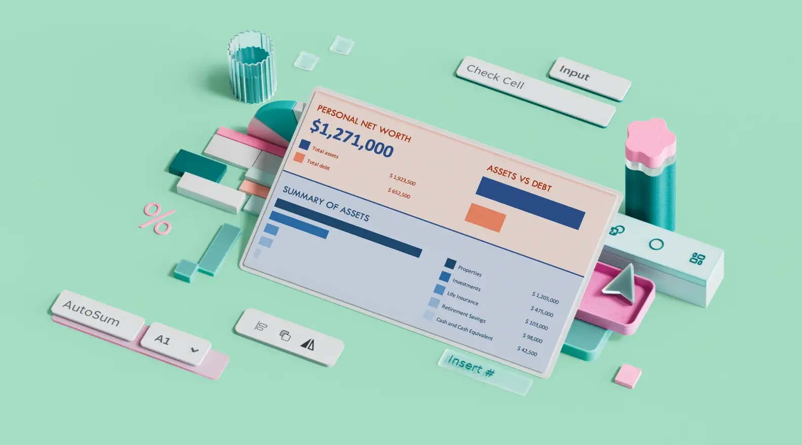 Personal net worth calculator Excel template surrounded by 3D design elements